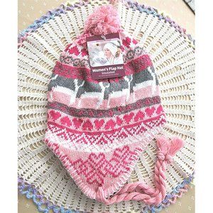 Women's Insulated Winter Flap Hat With Braid Ties By Heat Trend Pink Hearts New